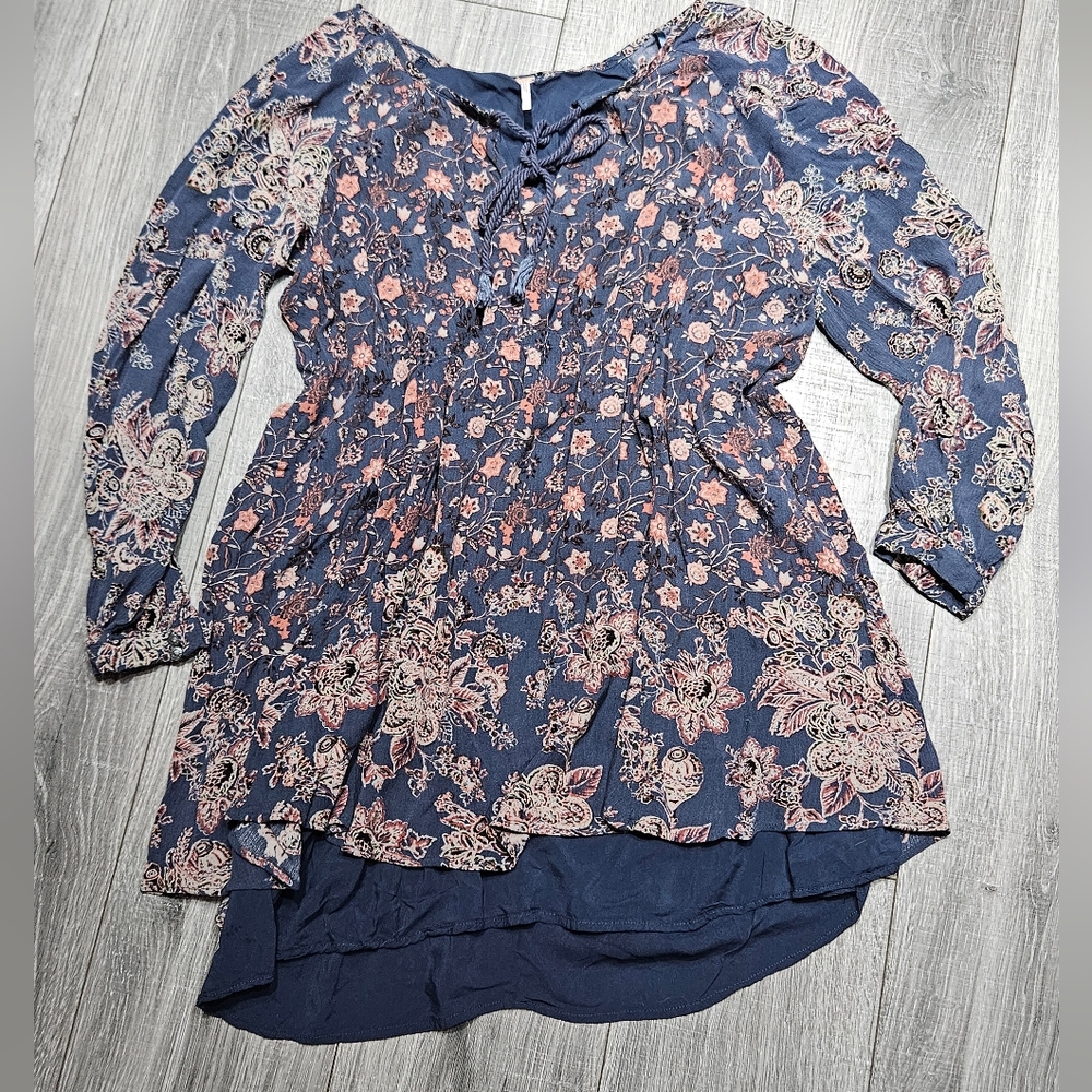 Free people Boho Paisley Blue Floral Lucky Loosey hang Swing Shift dress Large - Picture 3 of 9